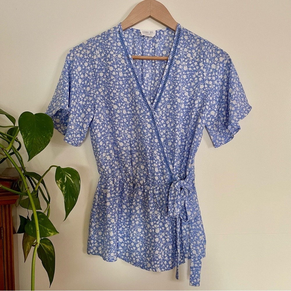 Sienna Sky Blue and White Floral Wrap Style Blouse Top